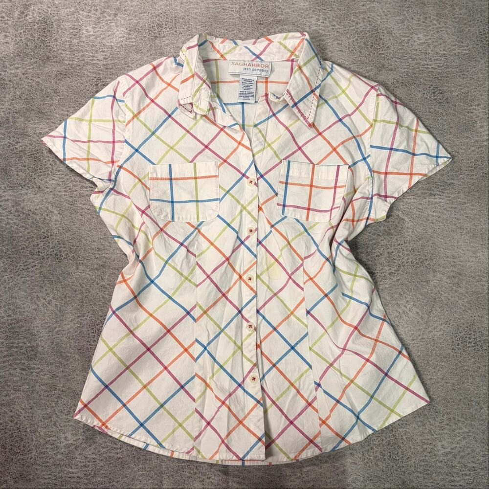 White Grid Multicolor Button Up Blouse